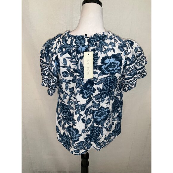Rachel Zoe Floral Print Rayon Blouse Medium Blue & White Short Sleeve Womens Top - Picture 3 of 6